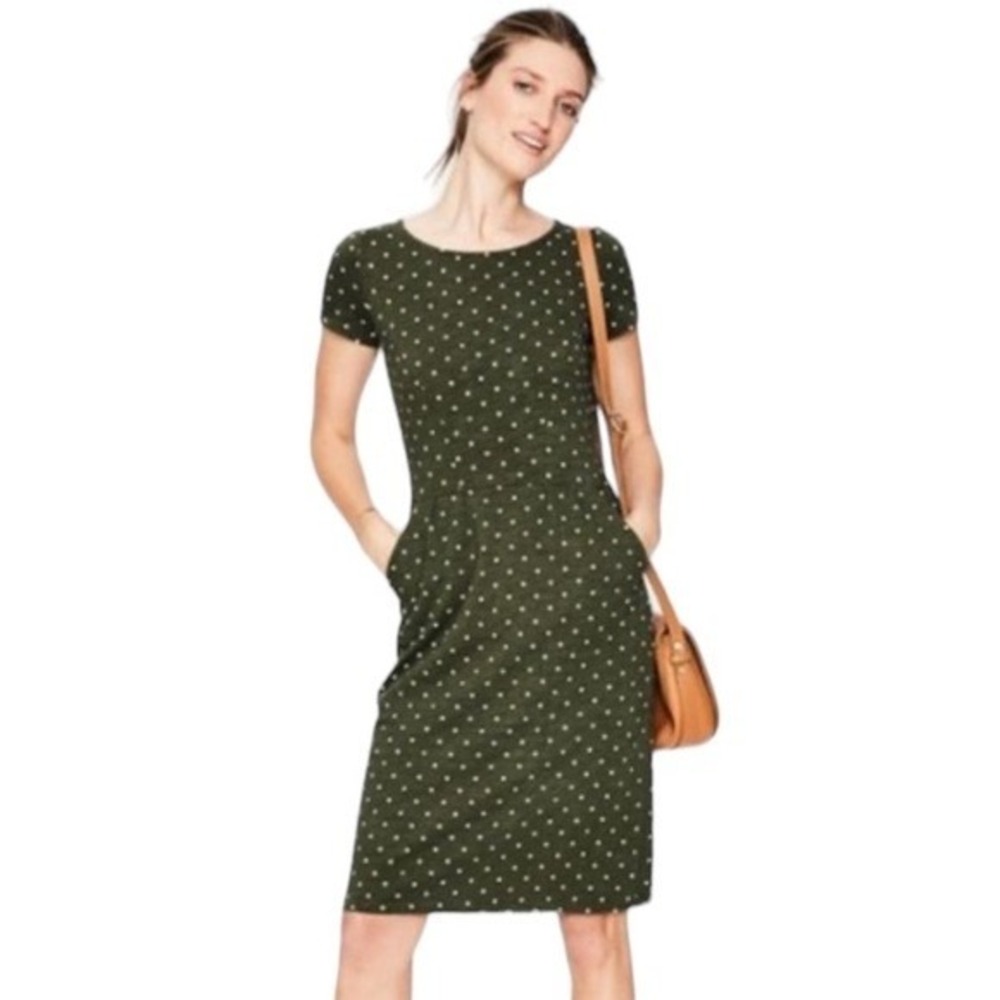 Boden Phoebe Jersey Dress 6P Petite Olive Green Polka Dot Cotton Pocket J0148